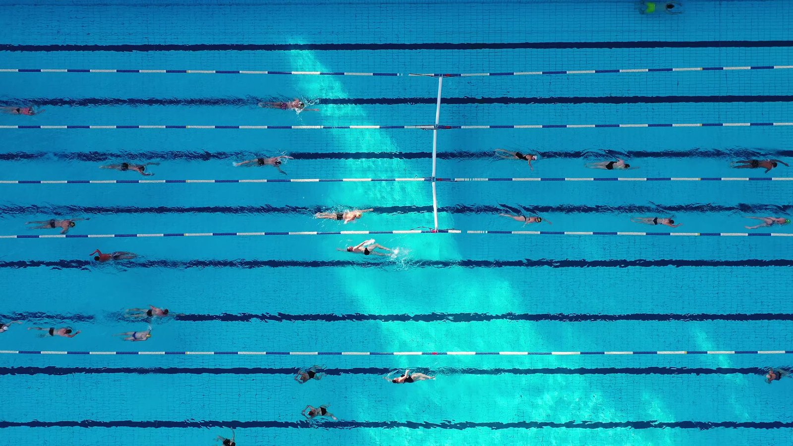 Pogled iz vazduha na plivače u stazama olimpijskog bazena