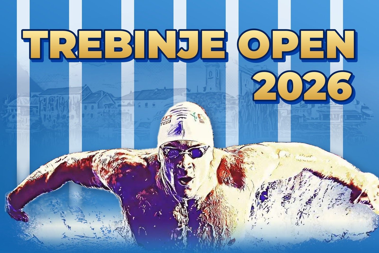 Plakat mitinga „Trebinje Open 2026“ sa plivačem u delfin stilu